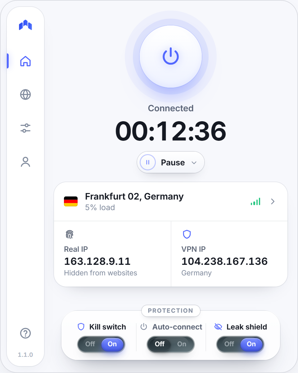 Hushgate connected to Frankfurt 02, showing the real and VPN IP addresses