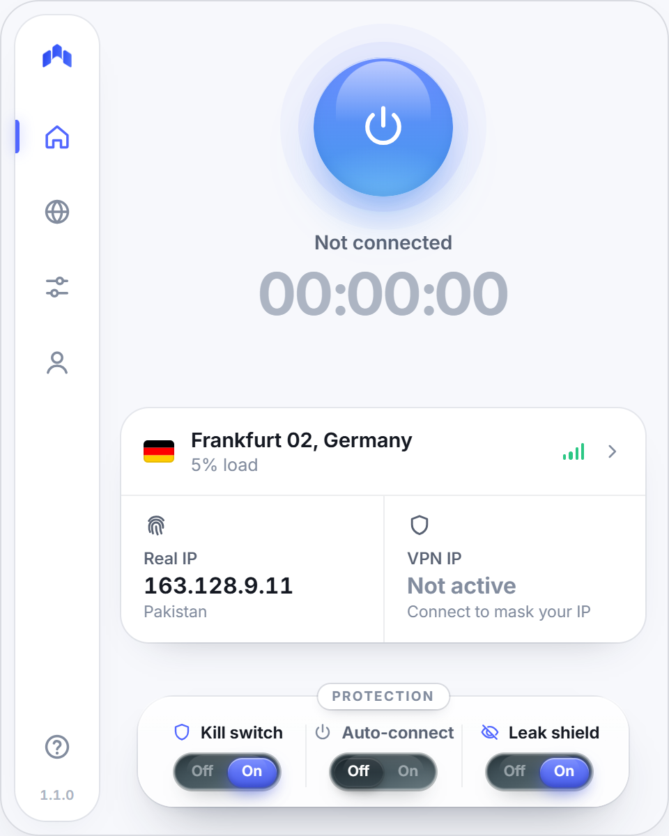 Hushgate popup before connecting, showing your real IP