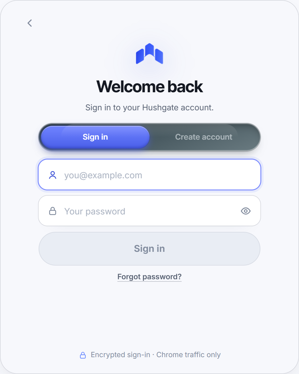 Hushgate sign-in screen
