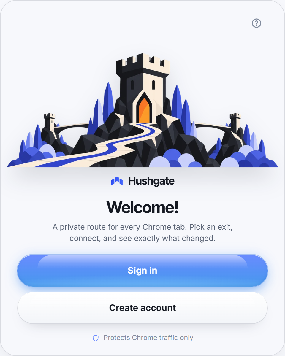 Hushgate welcome screen